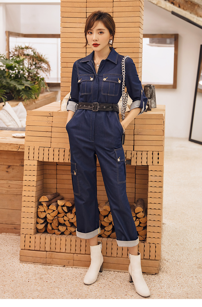 衣阁里拉牛仔连体裤女2019秋款休闲气质长袖收腰显瘦时尚工装裤连衣裤