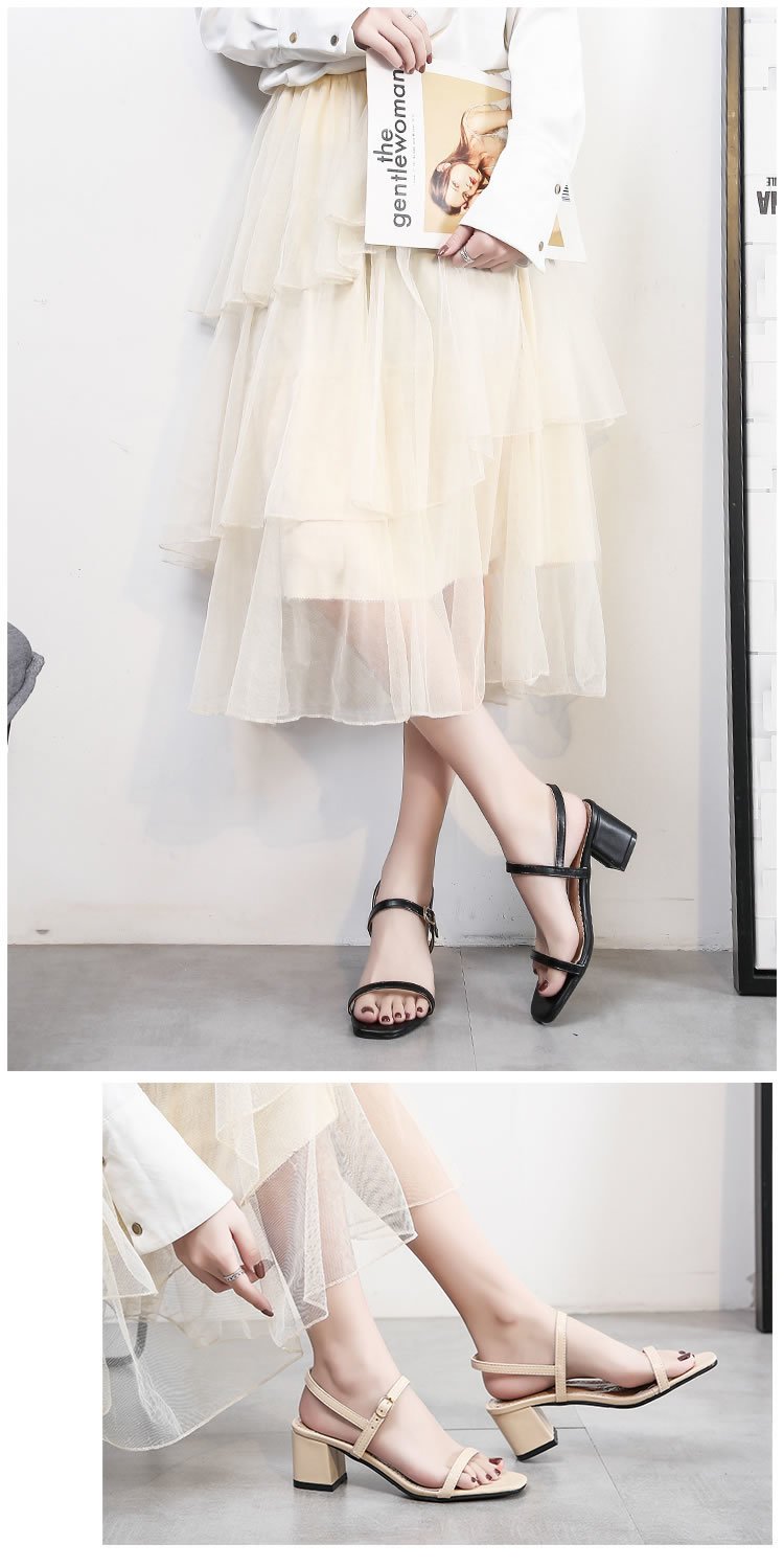 搭配裙子的凉鞋女2020年新款夏季中粗跟一字带中跟温柔风仙女鞋 米色