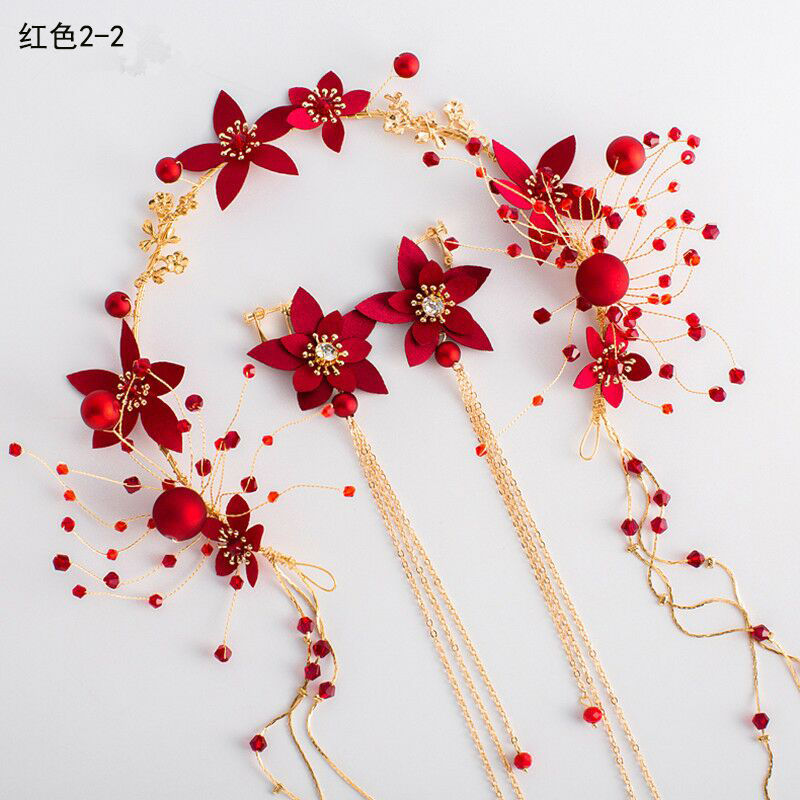 新娘头饰结婚红色婚纱礼服发箍发饰套装韩式婚礼超仙敬酒服配饰品红色