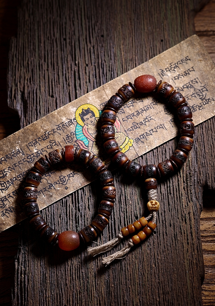 西藏牦牛骨佛珠手串男老料嘎巴啦玛瑙藏式牛骨手链素圈款12mm