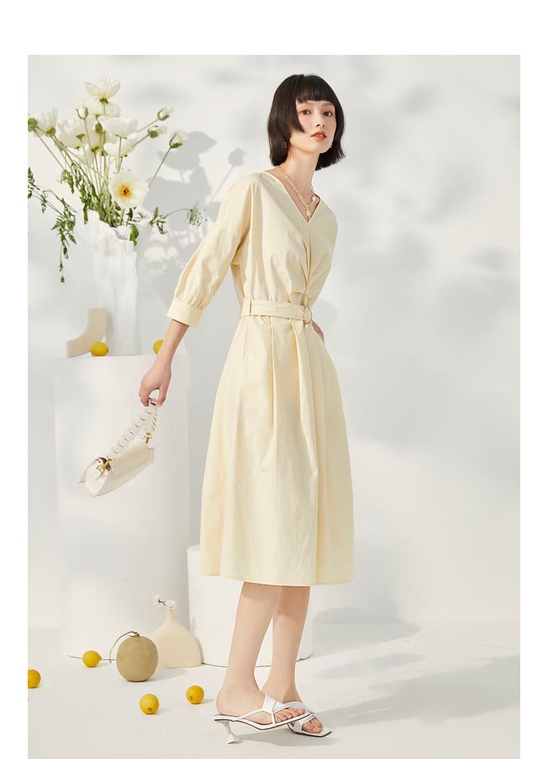 紫淑v领收腰a字中长款连衣裙夏季新款简约百搭休闲七分袖衬衫裙 灰蓝