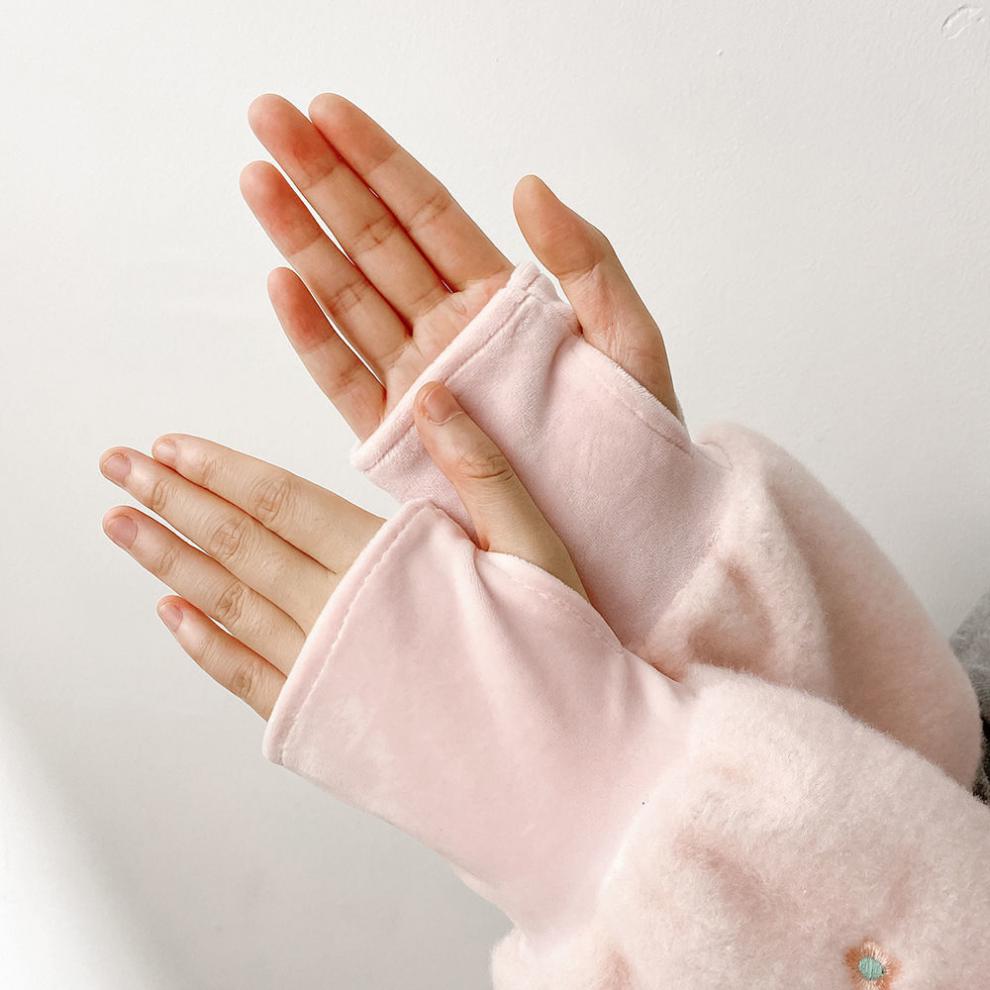 lucaly手套袖套二合一学生暖手袖套指长款袖套女耐脏男女童可爱护袖