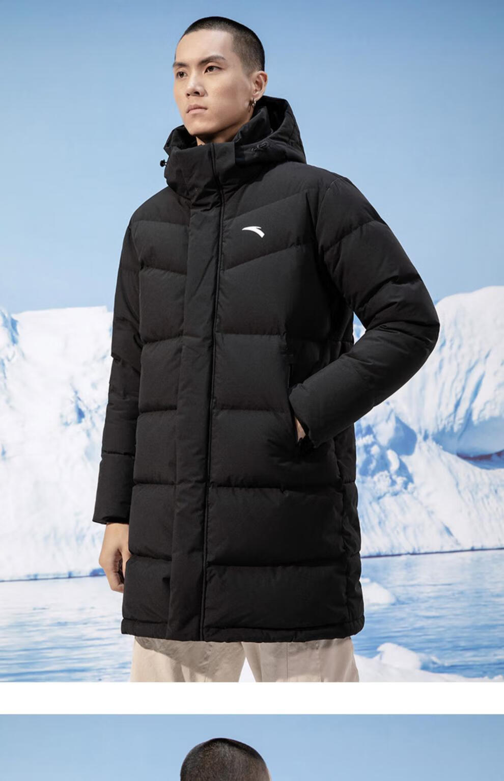 安踏羽绒服男2022年春季新款中长款保暖鸭绒连帽运动外套官方旗舰网店