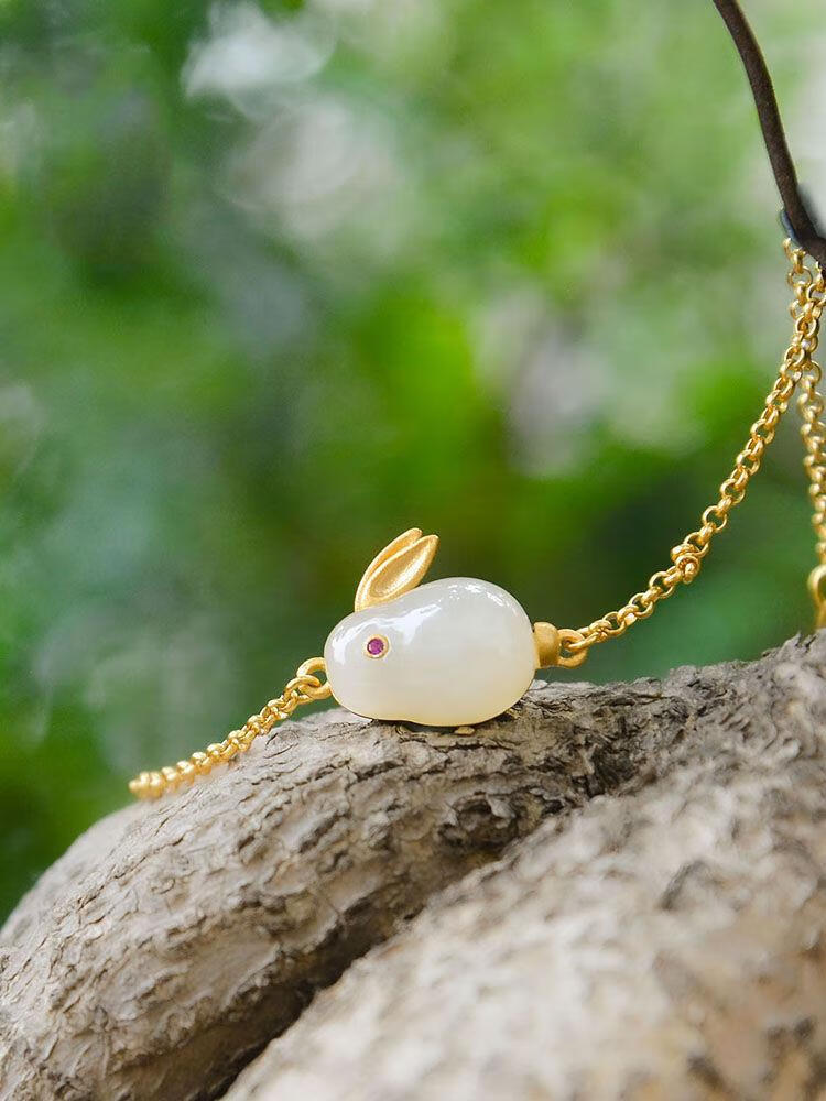 碧家 玉兔子手链项链套装和田玉吊坠s925银镀金可爱玉兔耳钉戒指仙女