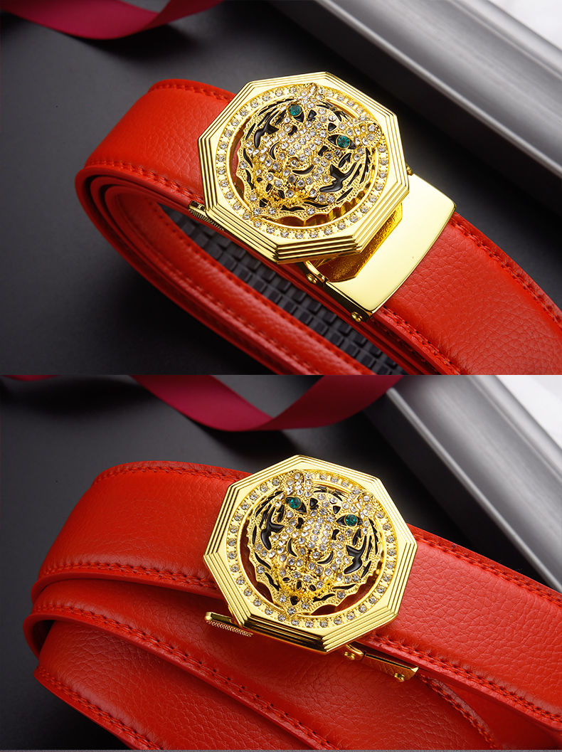 男女红皮带自动扣新婚裤腰带虎头01金色单条皮带115cm160斤以下适合