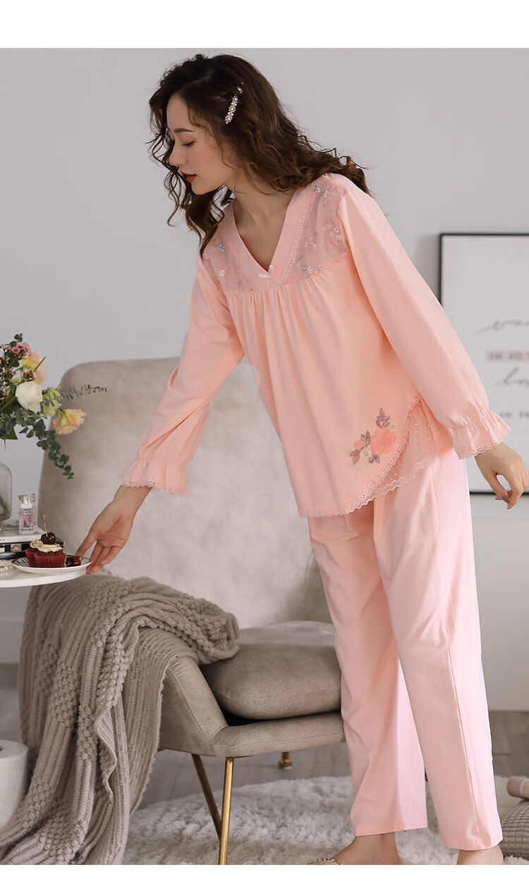 浪漫春天睡衣女士春秋季宽松长袖套装莫代尔棉大码春夏款蕾丝睡衣8881