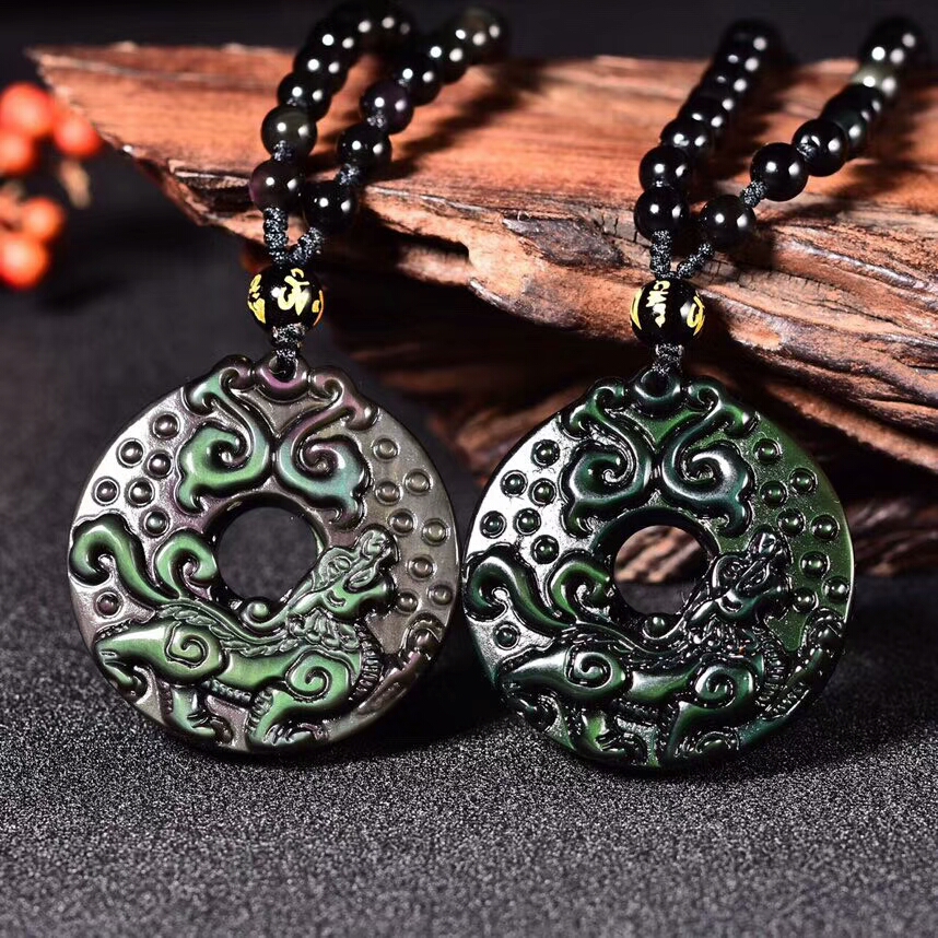 天然黑曜石如意麒麟吊坠招财男女项链转运彩虹眼水晶挂件 全珠链挂绳