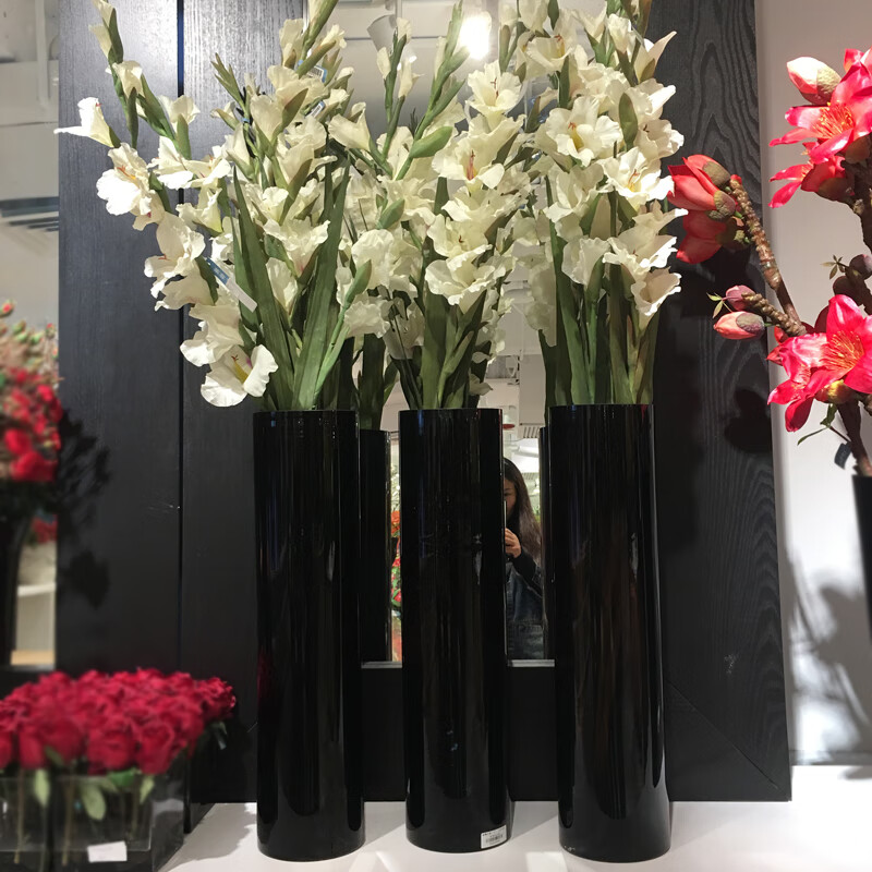黑色直筒玻璃花瓶酒店大堂桌面装饰摆件婚庆落地路引水培插花器 口径