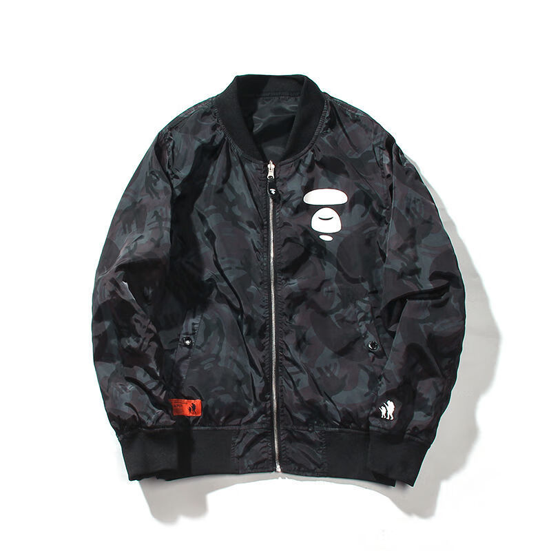 潮牌aape秋冬款猿人头拉链迷彩字母印花徽章迷彩夹克外套上衣黑色5001