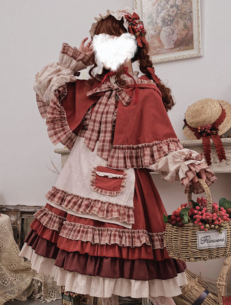 浆果少女洛丽塔全套秋冬洋装小红帽复古长袖连衣裙女酒红色连衣裙m