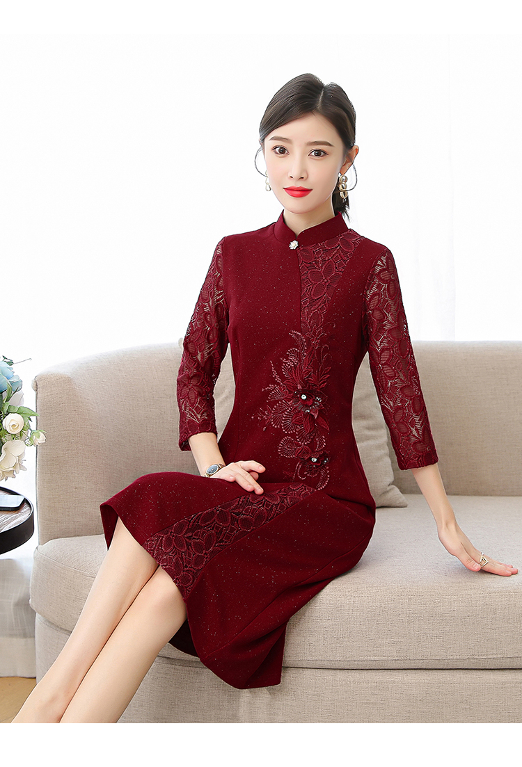 夏季长袖妈妈婚宴高贵年轻夏款喜婆婆高端旗袍2022年新款夏装酒红色m