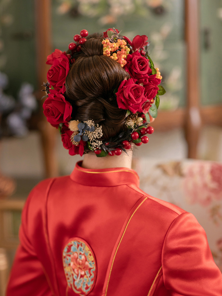新娘日韩婚礼头花造型红色仿真花朵盘发婚纱配饰超仙唯美结婚头饰飞鹤