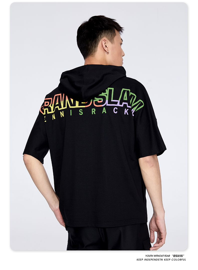 kikc短袖卫衣男2022夏季新款商场同款宽松潮流纯色休闲半袖卫衣男深黑