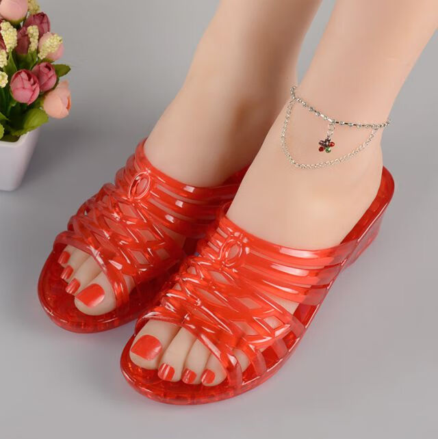 港武水晶塑胶坡跟拖鞋果冻透明塑料凉拖鞋高跟室外穿拖鞋塑胶凉鞋女夏