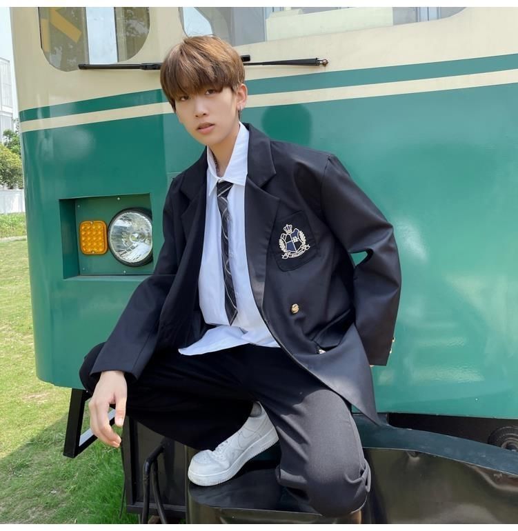 hkcz新品dk西装外套男dk西服男制服一套学院风情侣休闲西装全套黑色