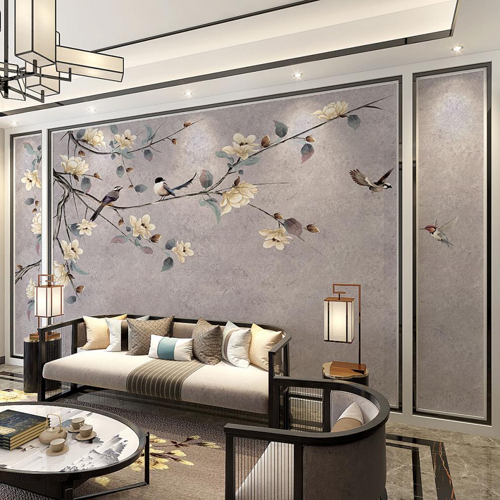 电视背景墙壁纸现代简约中式墙纸花鸟10d鎏金壁画墙布沙发背景墙热
