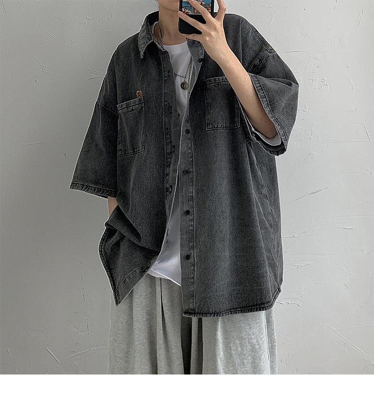 法兰绒衬衫男青春休闲牛仔七分袖衬衫男夏季潮流宽松衬衣休闲百搭痞帅