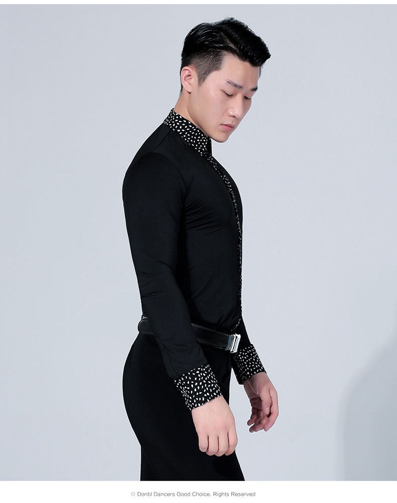 丹宝罗摩登舞衬衫男成年拉丁舞长袖练功服黑色国标舞上衣表演服装男