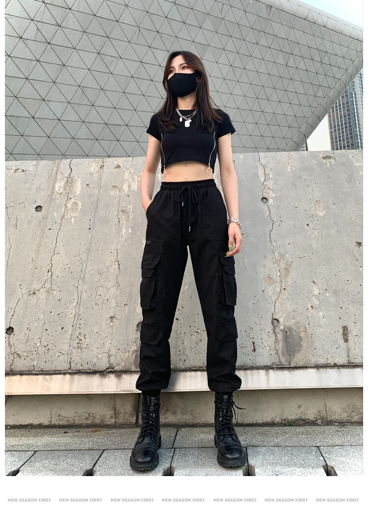 军工装裤黑色工装裤女冬加绒高腰显瘦束脚大码春秋休闲运动裤子嘻哈潮