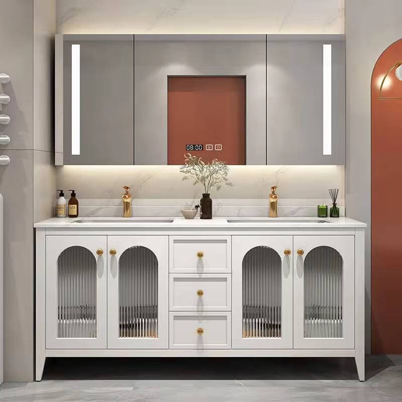 凸凸美式别墅洗手盆柜组合地中海岩板一体洗脸盆橡木玻璃门浴室柜落地