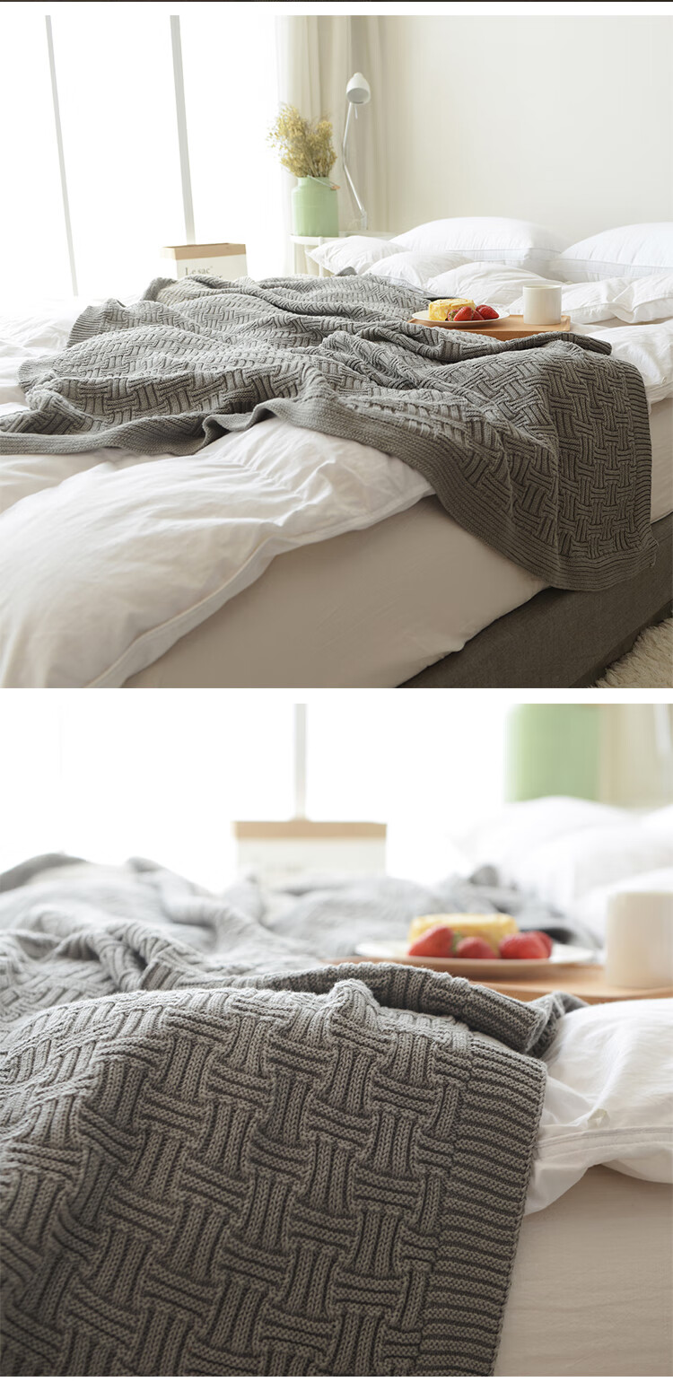 白萱北欧纯棉针织毯子毛线盖毯编织办公室小毛毯午睡沙发棉毛巾被子