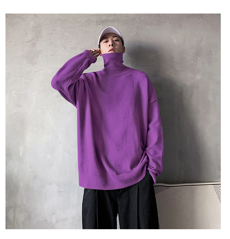 宽松高领毛衣男秋冬季潮流百搭套头毛线衣休闲纯色打底针织衫 紫色 l