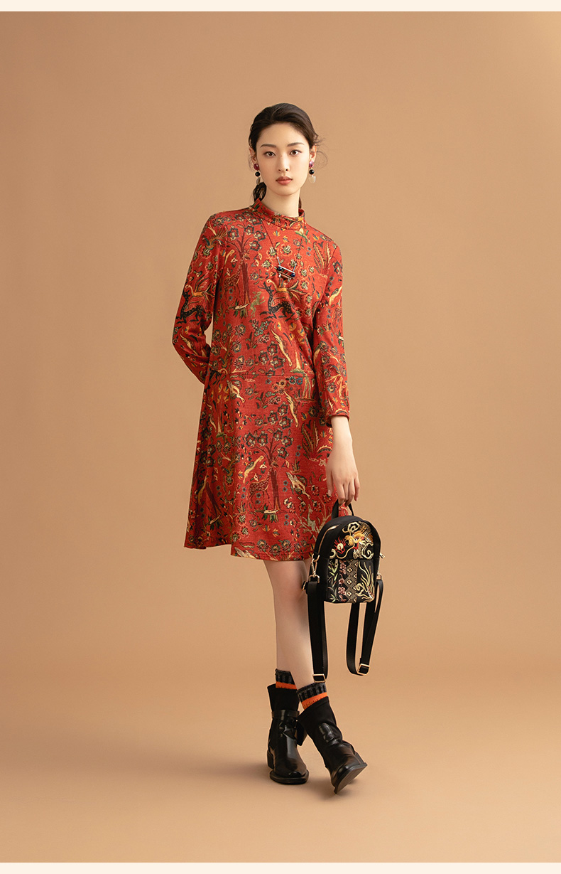 渔牌女装早秋装2021年新款女小高领羊毛气质长袖连衣裙女橘红17088al