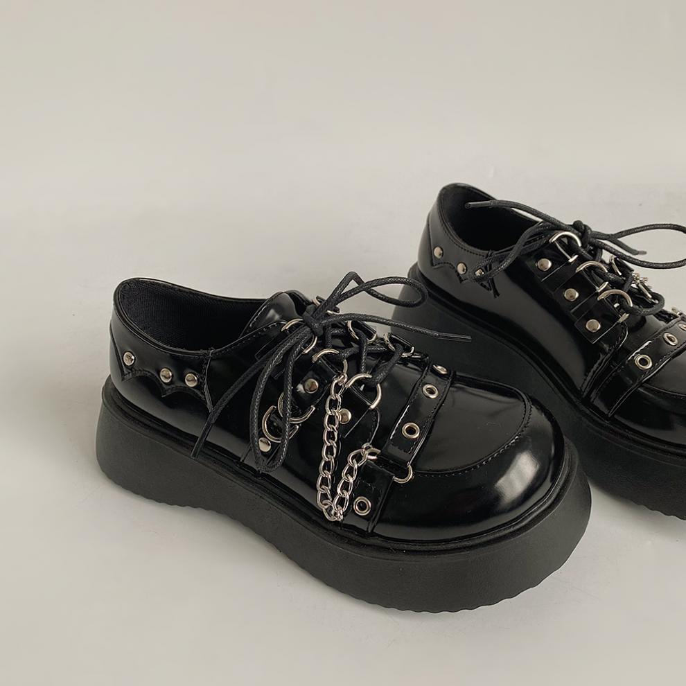 宽头大头皮鞋女软底宽脚甜酷厚底鞋春夏季新款时尚链条个性复古英伦风