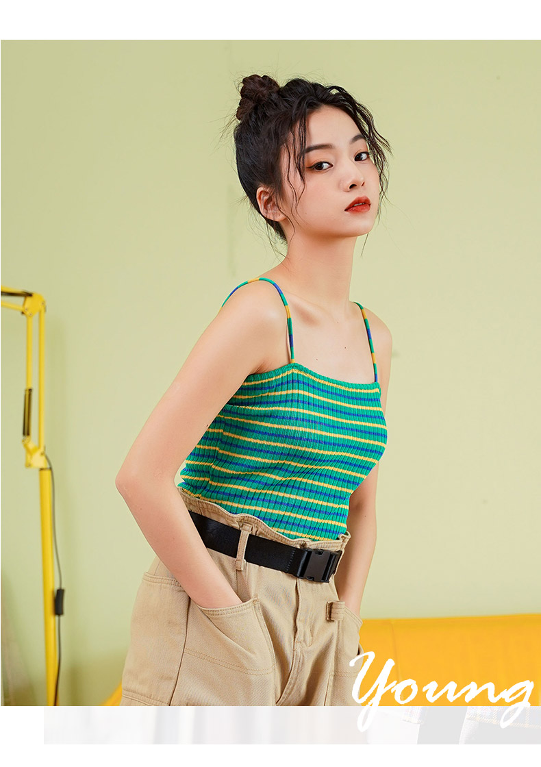 潮夏新品pass潮牌夏装彩虹泫雅风吊带外穿背心条纹修身内搭针织打底衫