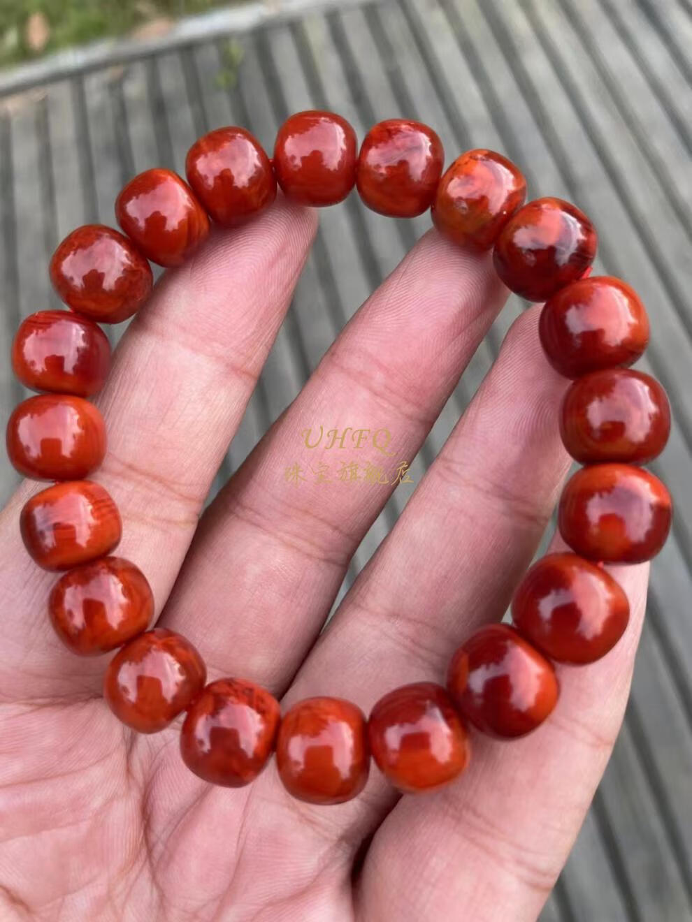 uhfq天然南红火焰纹手串玛瑙满色满肉老型桶珠手链四川凉山瓦西南红九