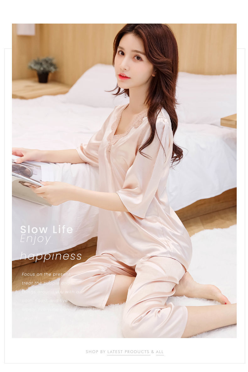 yishan性感睡衣女品牌女装睡衣女冰丝夏季短袖两件套装仿真丝绸大码套