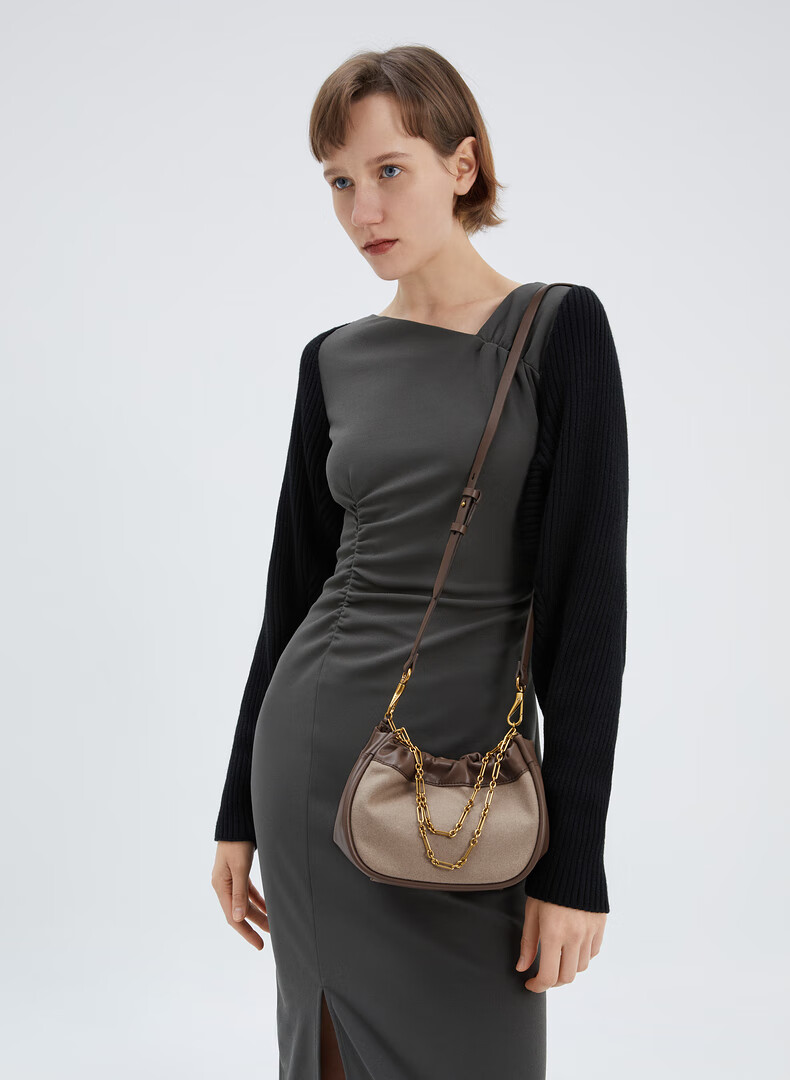 ck 女包 官方官网初秋ck2-10270781女士咖啡褶皱链条手提斜挎包小&ck