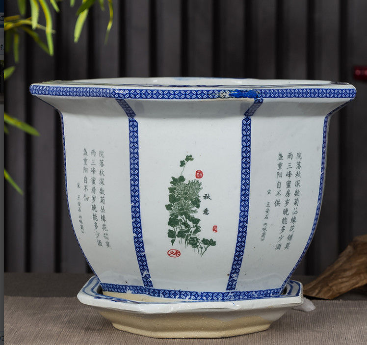 青花瓷花盆款景德镇陶瓷花盆带底盘八角兰花梅竹青花绿植日用陶瓷盆