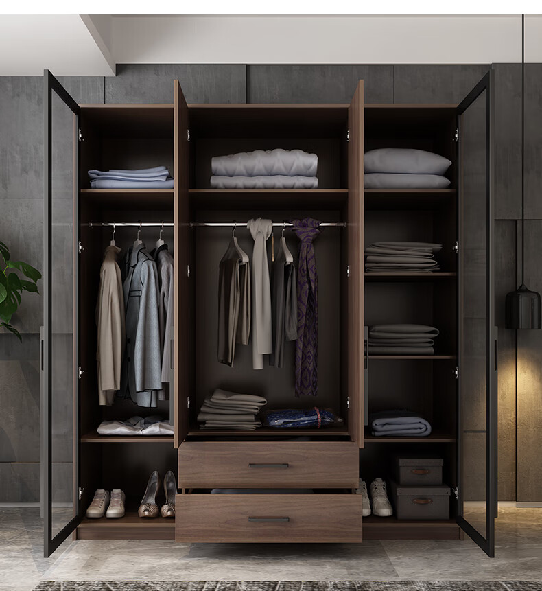 北欧简约四门大衣柜现代家用卧室平开玻璃门衣柜胡桃木色轻奢衣橱