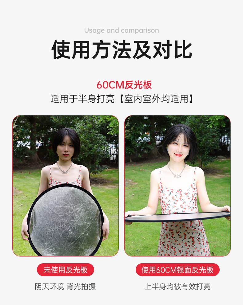 圆形反光板60cm小型银色挡光板摄影便携小号折叠户外室内五合一迷你