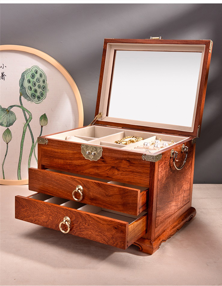 台兰仕红木首饰盒中式梳妆盒实木复古血檀首饰收纳盒结婚礼物带锁嫁妆