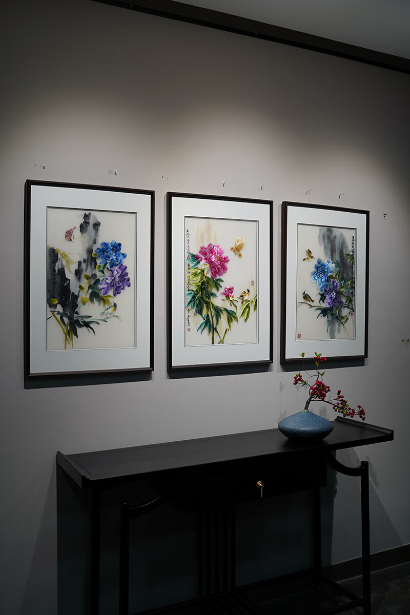 带框客厅沙发背景挂画中国风装裱带框手工刺绣画2969国色牡丹错针绣