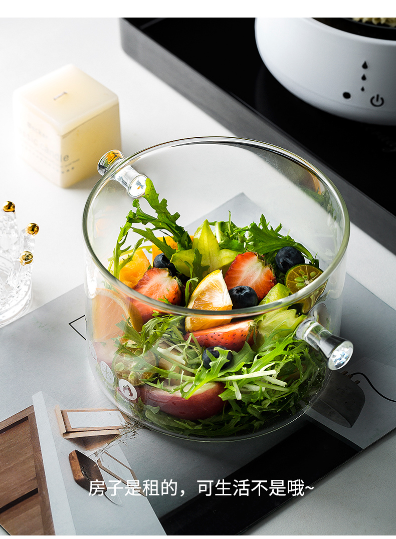 把手玻璃碗 透明玻璃碗家用耐热泡面碗沙拉碗餐具宿舍学生带盖把手