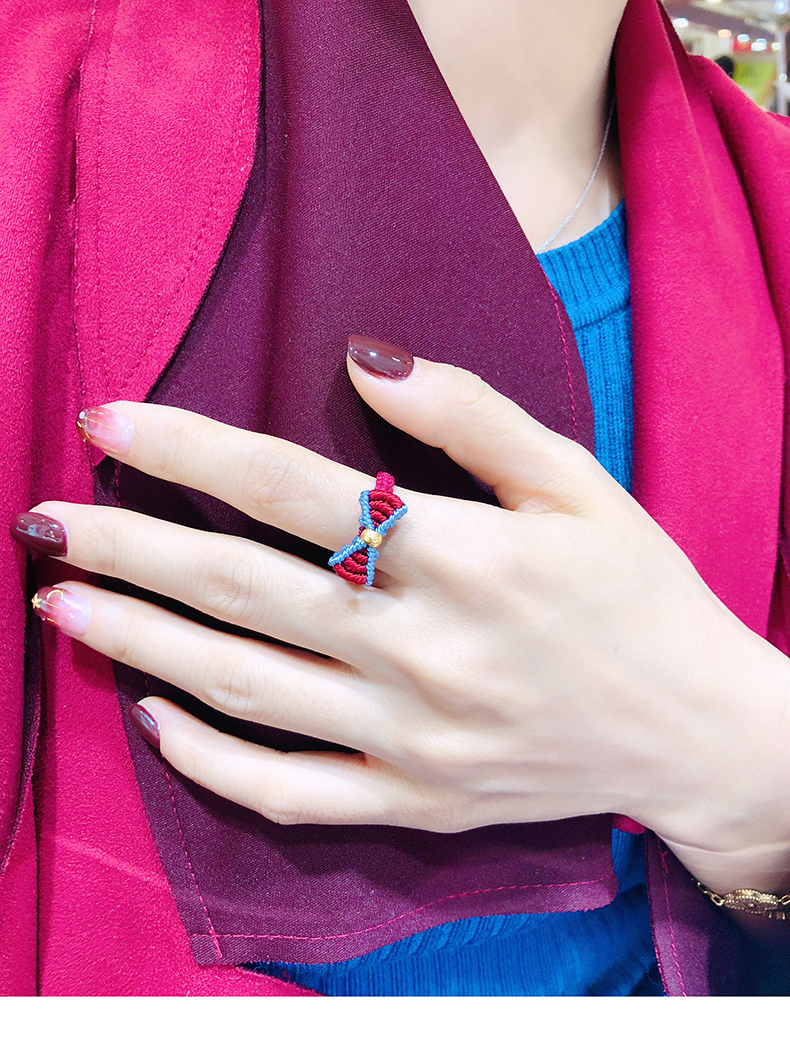 999足金在逃公主编织戒指女蝴蝶结黄金戒指小金珠转运珠红绳 蝴蝶结