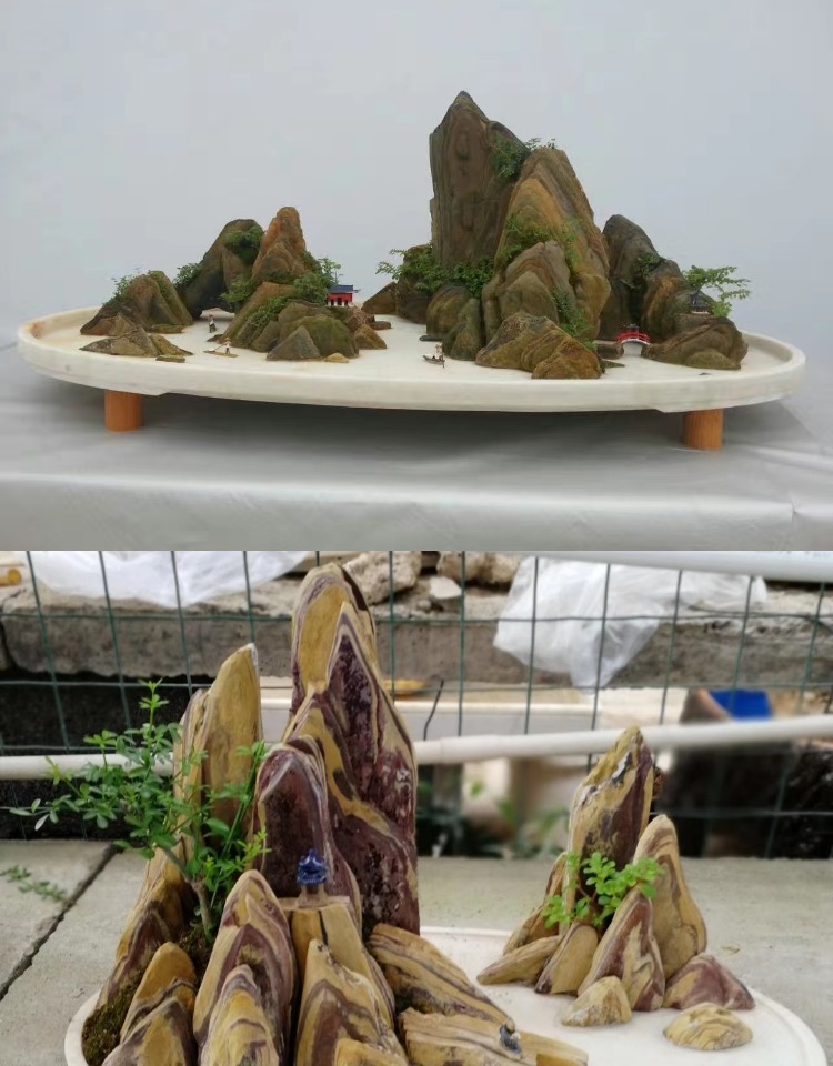 伊美花海吸水石假山盆景盆长方形大理石汉白玉石头花盆山水盆托盘