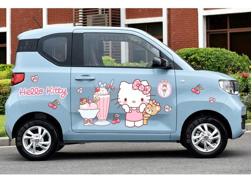 qefh五菱宏光miniev車貼車身貼紙hellokitty凱蒂貓可愛白桃粉裝飾拉花