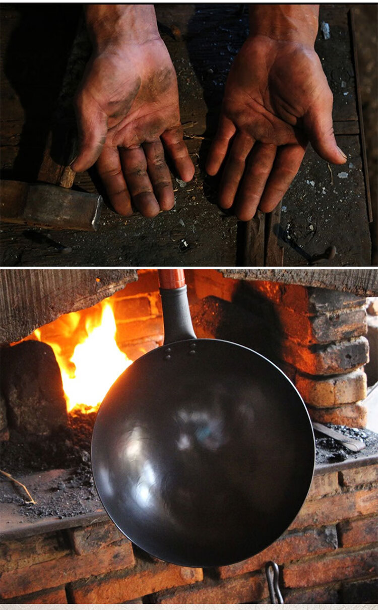 章丘手打大铁锅手工锻打老式传统炒锅用无涂层不粘锅34cm有耳炒锅钢盖