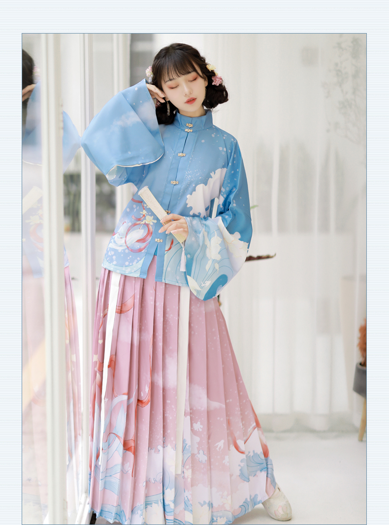 鼎毳貂明制汉服女原创中国风立领百褶裙日常春夏秋蓝衣红裙45米印花款