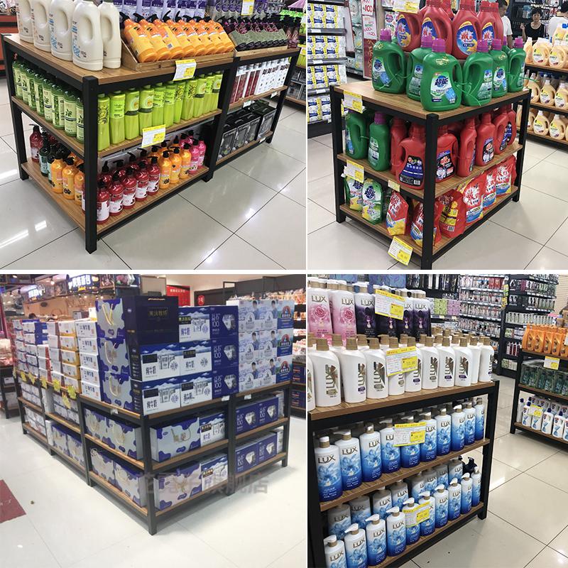 促销台展示架橱窗展示架超市堆头货架食用粮油钢木三层牛奶堆饮料促销