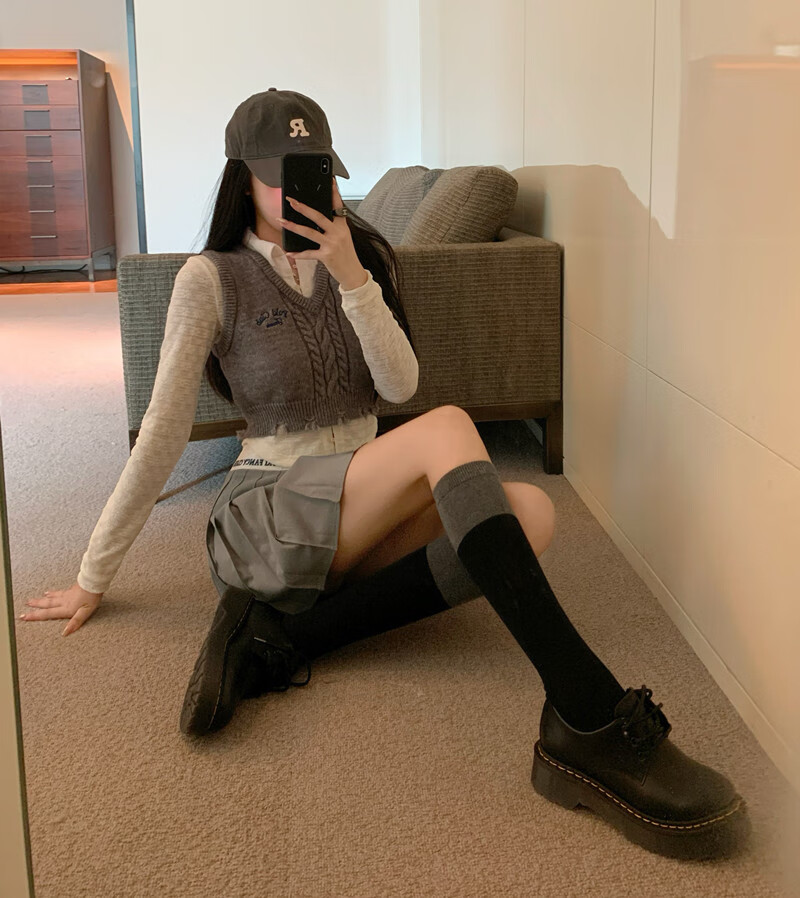 网红袜女长筒袜秋冬 港味灰黑色长筒袜女秋冬保暖高筒过膝袜子网红