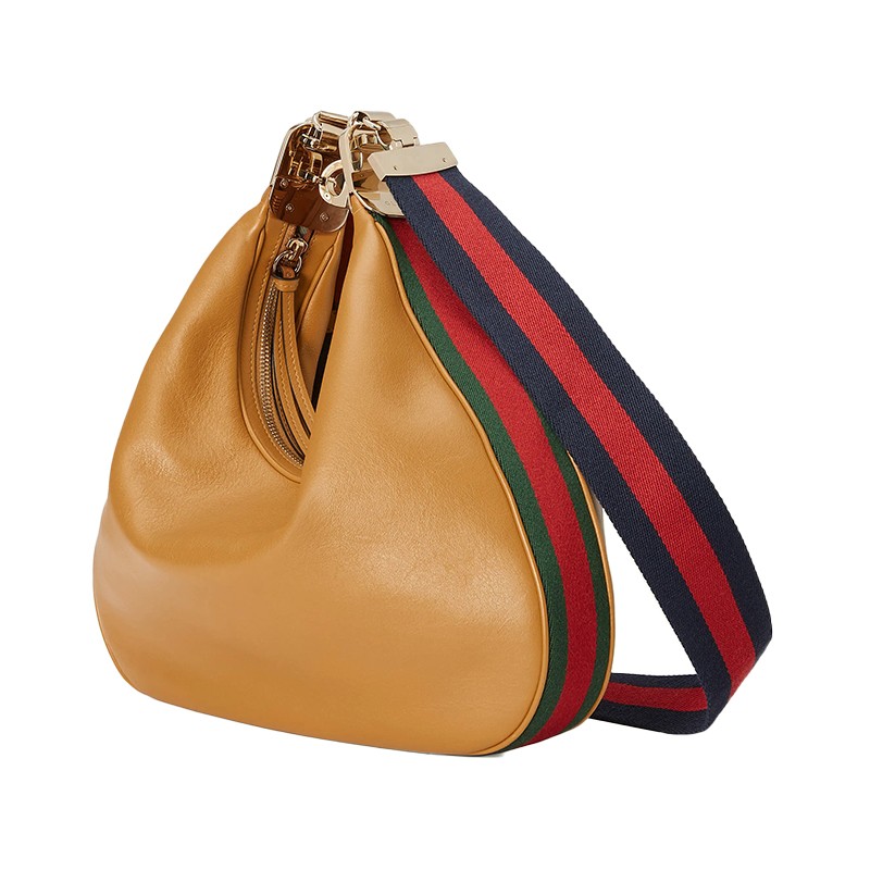 gucci古驰女包22秋冬新品attache月牙包皮革单肩包大号织带斜挎包