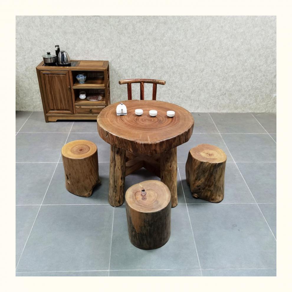 匠心攻略品牌品牌香樟木原木茶几圆型茶台庭院阳台花园