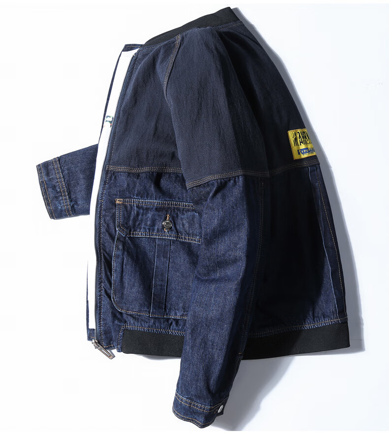 高端无领牛仔外套男街头复古纯色校园夹克阿美咔叽宽松圆领外衣春