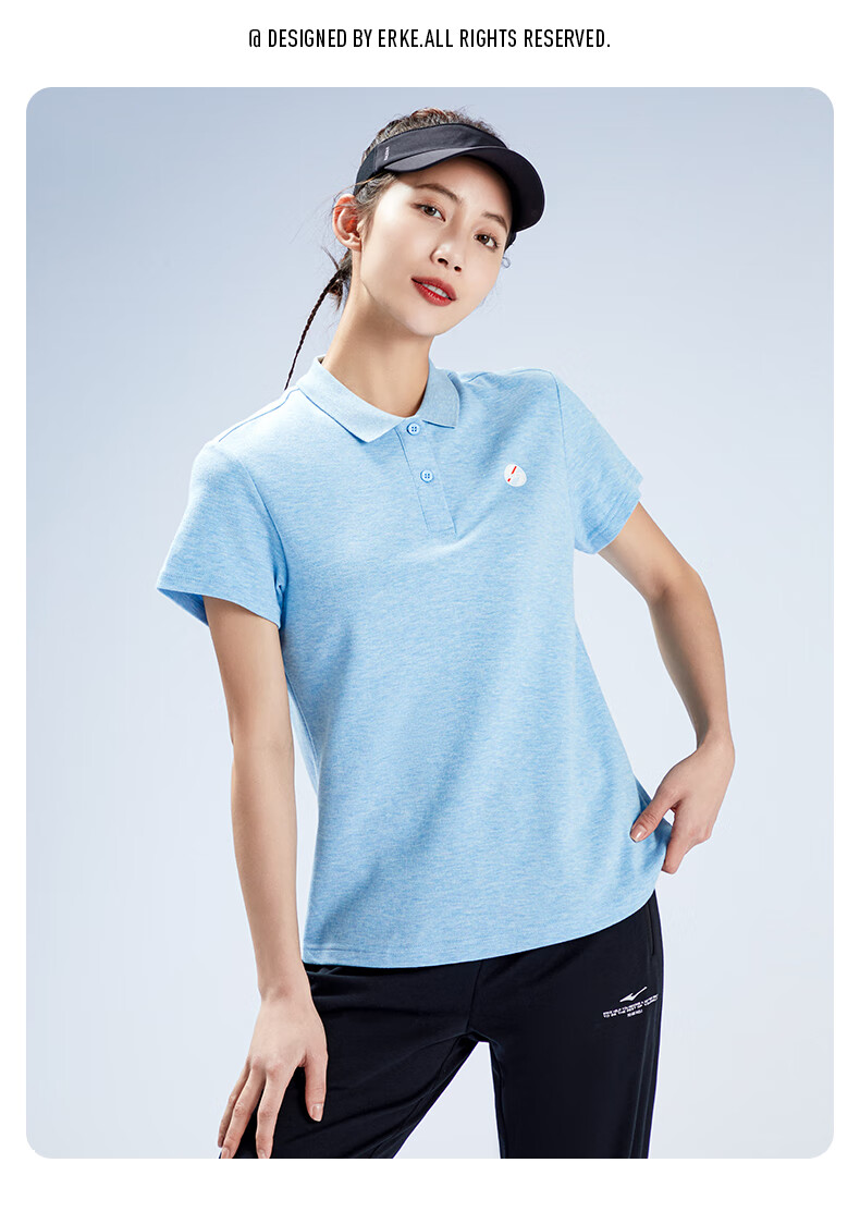 鸿星尔克erke轻氧夏季女士运动polo衫休闲短袖t恤v领棉质舒适亲肤透气