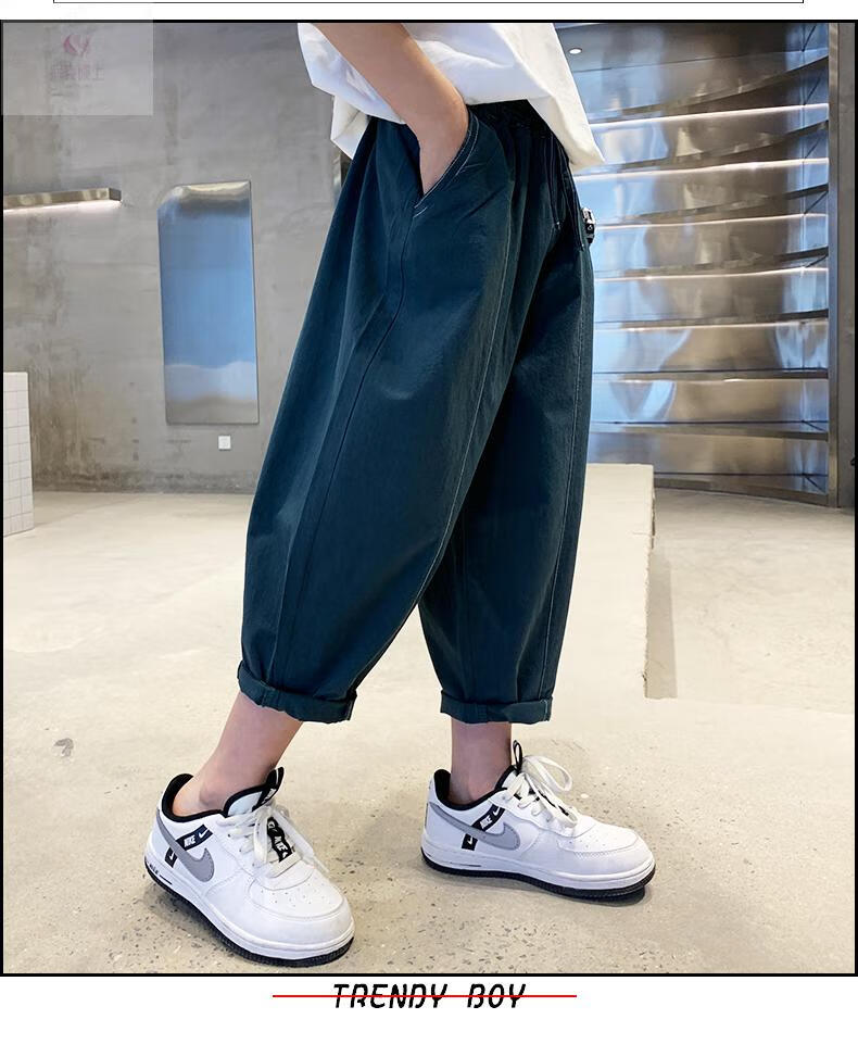 裤子夏款中大童夏装男孩休闲裤夏季薄款儿童装九分老爹裤潮牌 青绿色